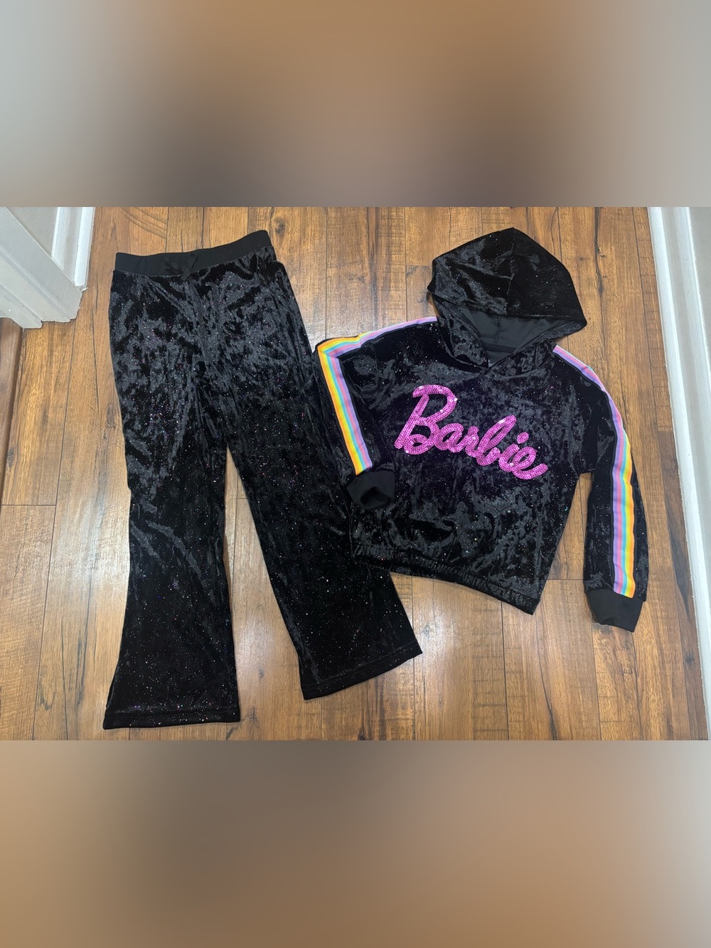 Barbie Velour Sparkle Hoodie & Pants Set Sequins Rainbow Stripes Halloween NWOT